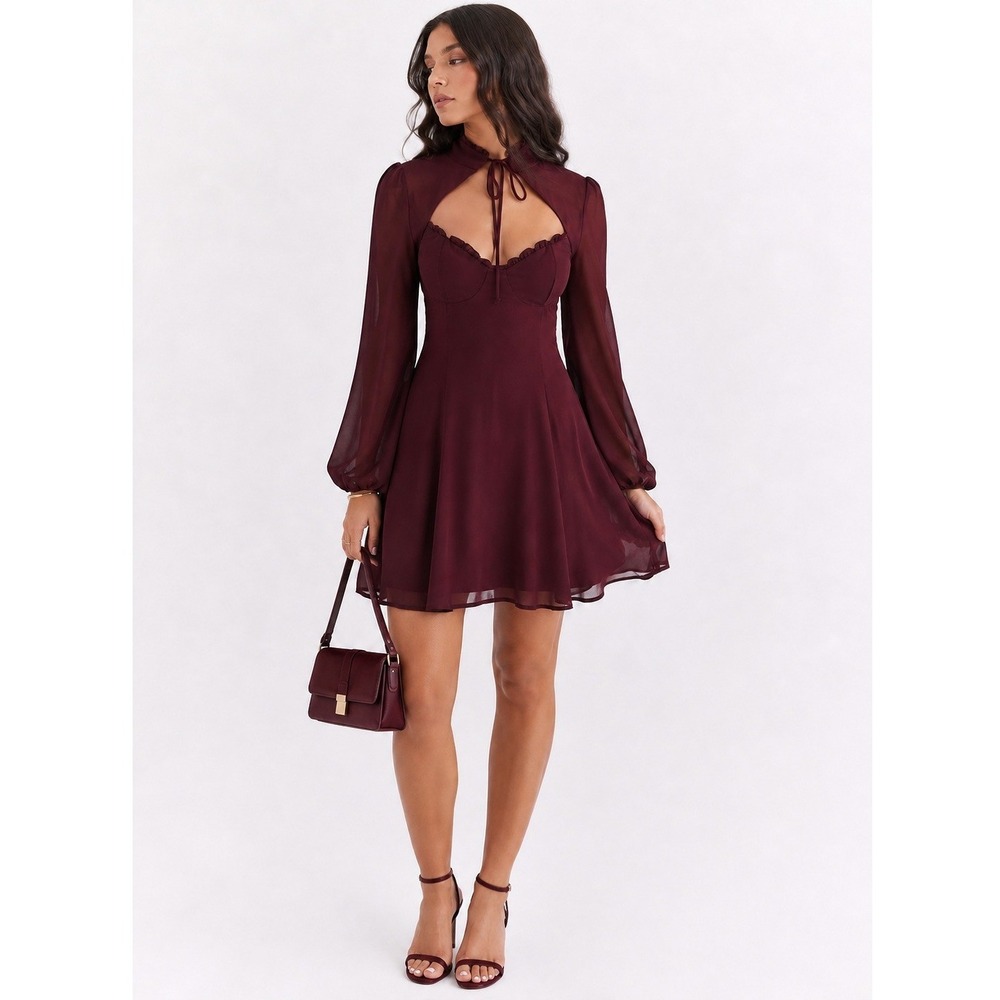 Reformation Vivianne Mini Dress Burgundy Long Sleeve Keyhole Cutout Size 4 NWT
